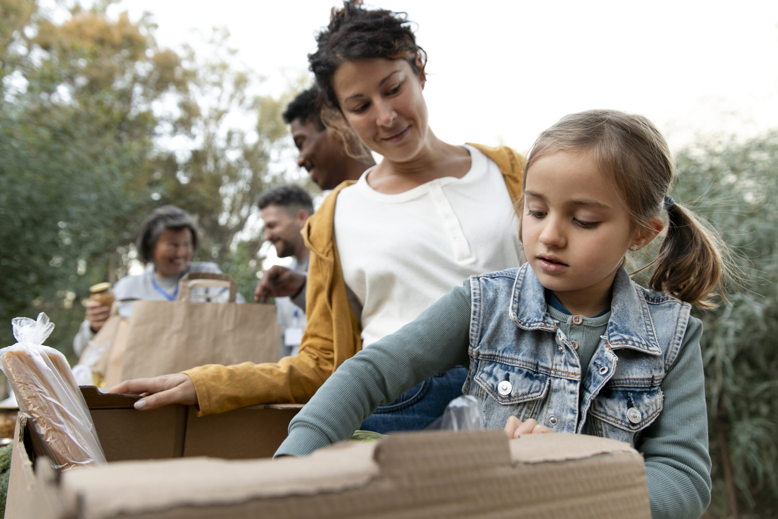 Personas colaborando con cajas de alimentos al aire libre