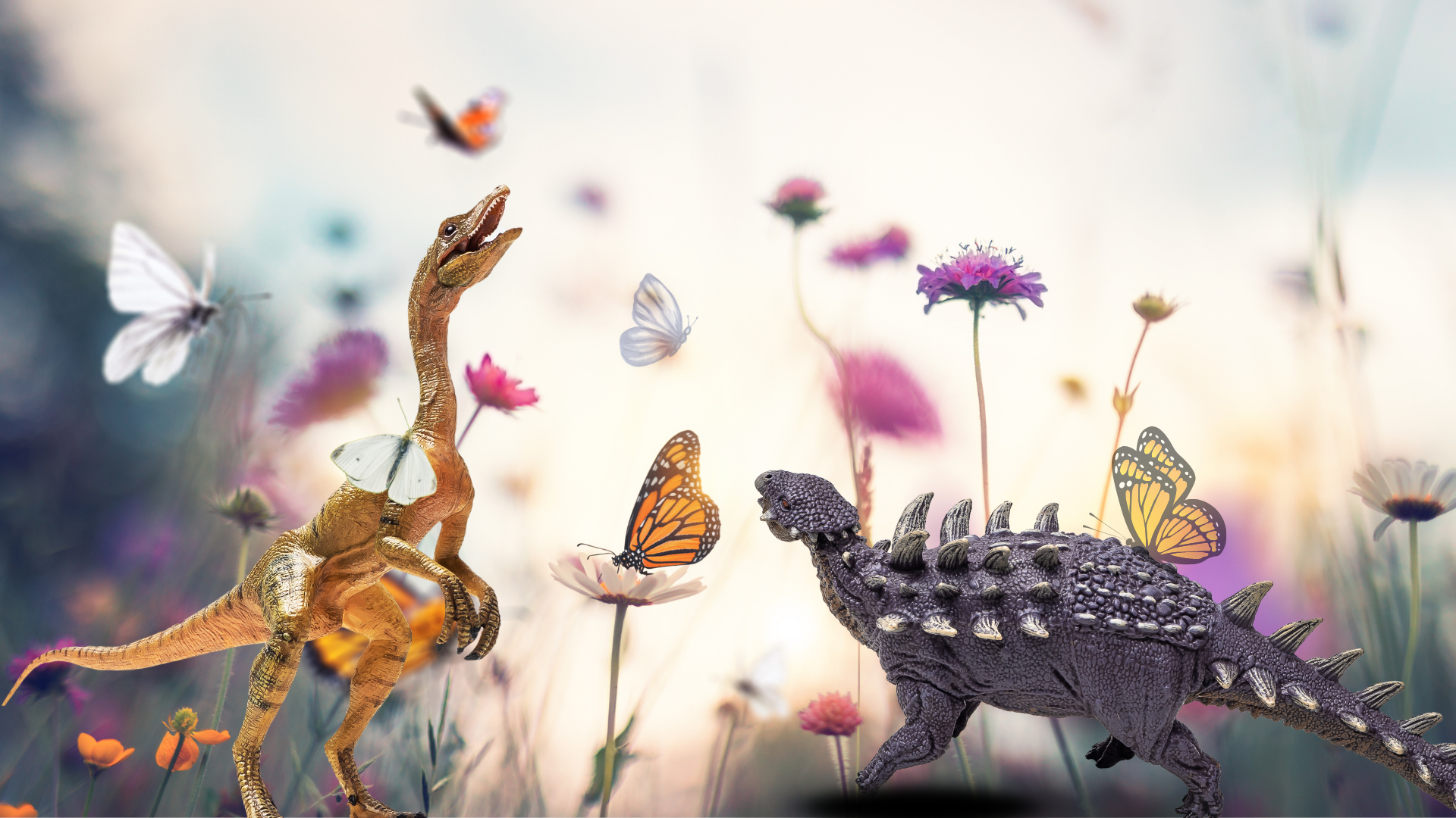 Dinosaurios con mariposas en campo de flores