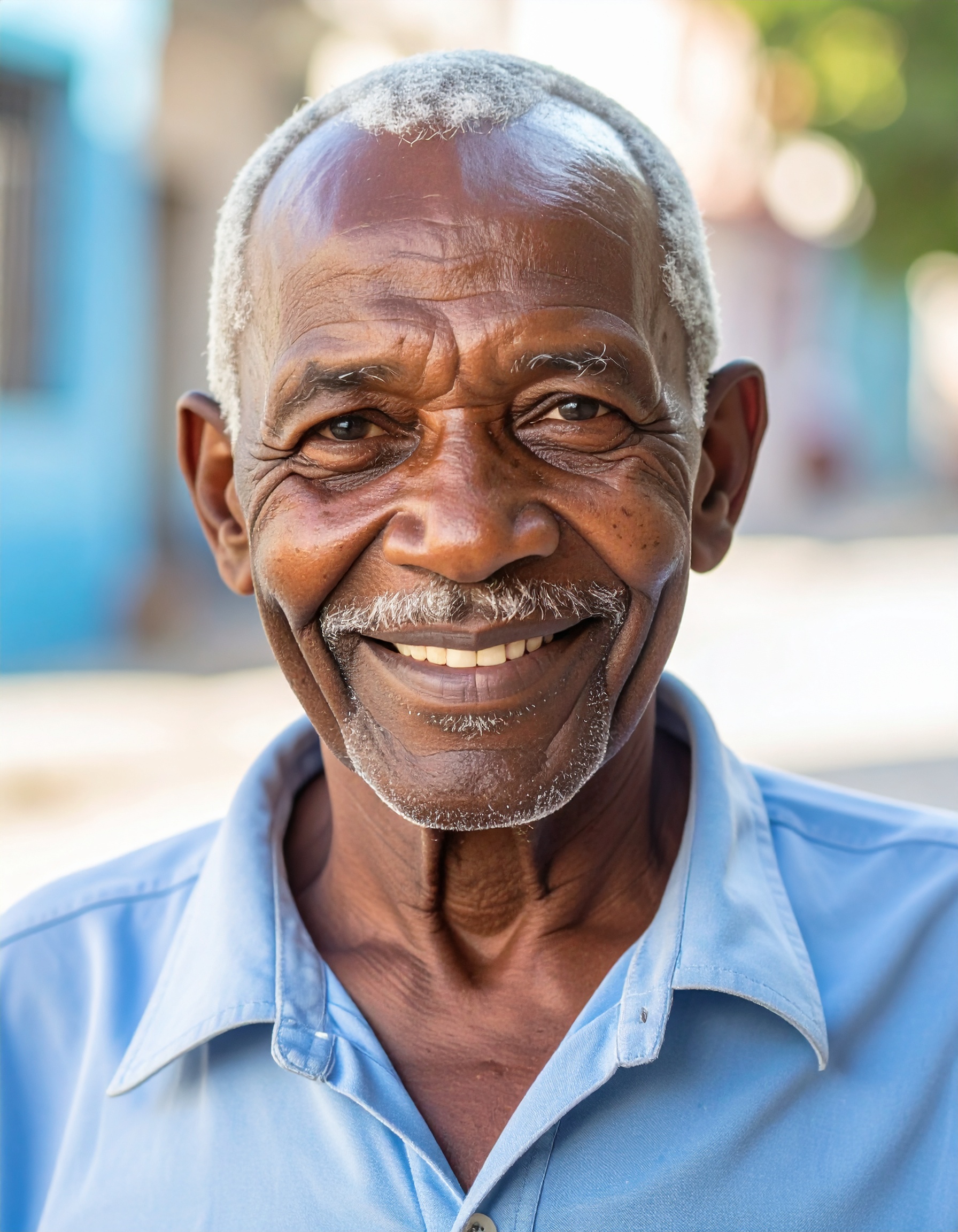 Hombre sonriendo, fondo urbano desenfocado.