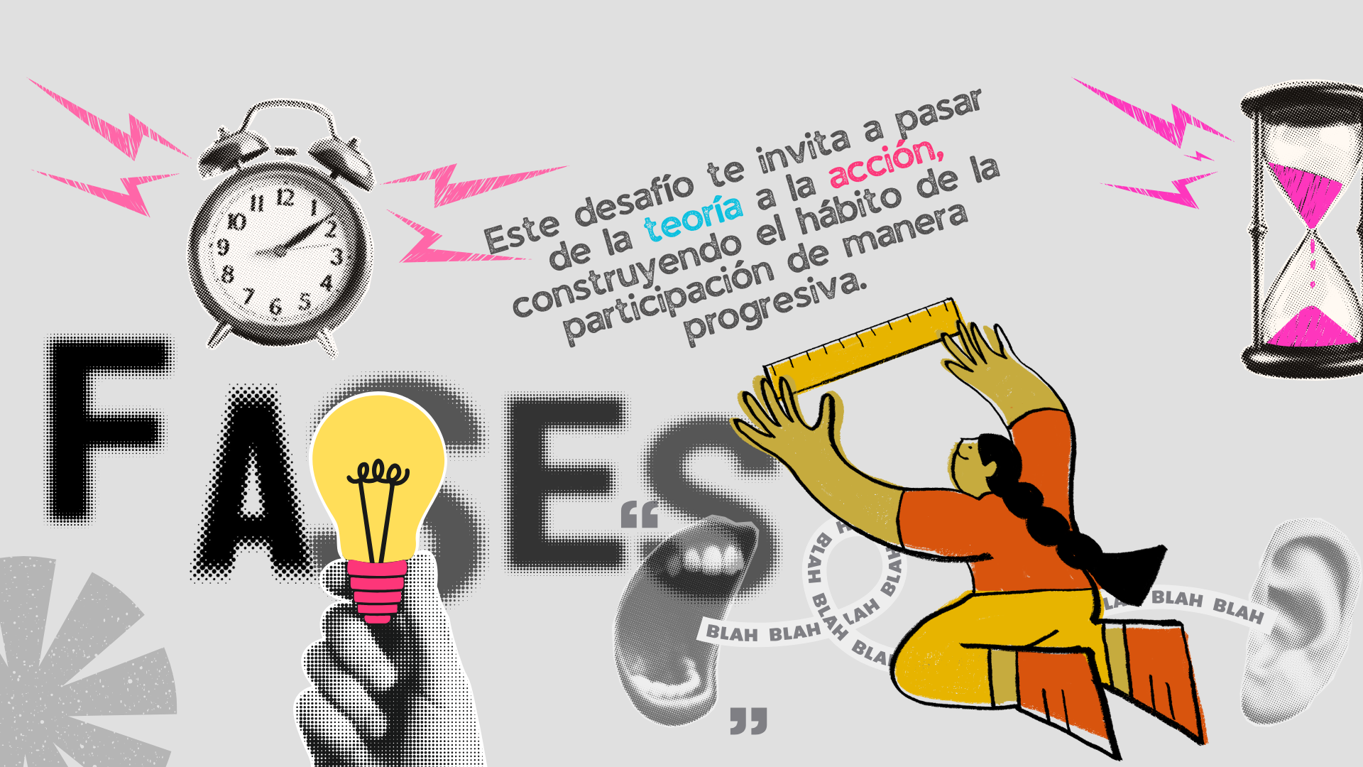 Ilustración con reloj, bombilla y reloj de arena.