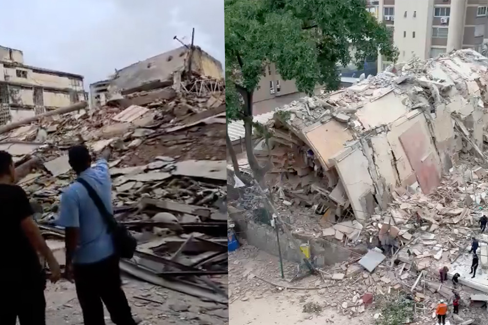 Edificio derrumbado con escombros en zona urbana
